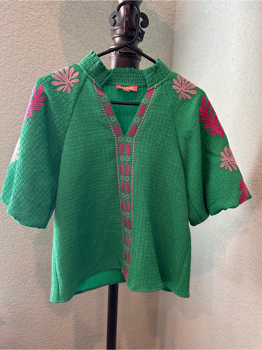 THML Green Embroidered V-Neck Top with Pink Floral Trim